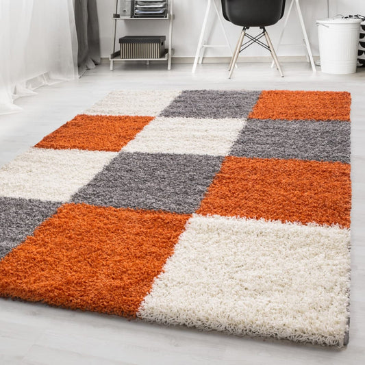 Mila Vloerkleed – Geblokt Terra/Oranje – Hoogpolig & Zacht