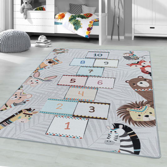 Play – Kindervloerkleed – Hinkelen Dieren – Laagpolig – Anti-Allergisch & Anti-Slip