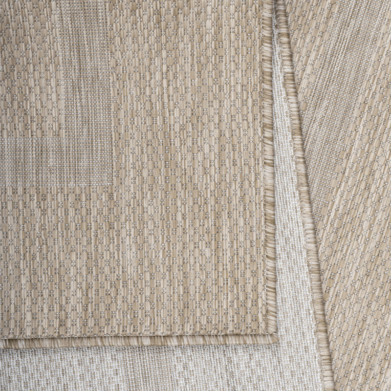 Relax Rond Vloerkleed – Beige – Laagpolig Kaderdesign – Voor Binnen & Buiten