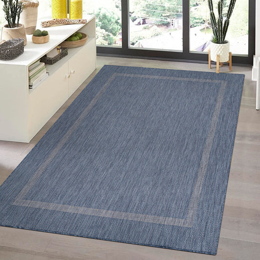 Relax Vloerkleed – Blauw – Laagpolig Kaderdesign – Voor Binnen & Buiten