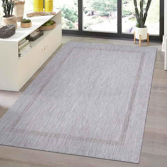 Relax Vloerkleed – Zilver – Laagpolig Kaderdesign – Voor Binnen & Buiten
