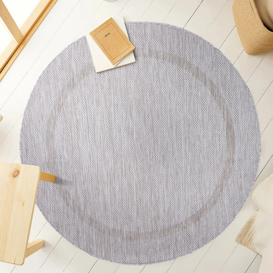 Relax Rond Vloerkleed – Zilver – Laagpolig Kaderdesign – Voor Binnen & Buiten