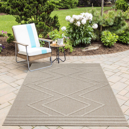 Patara – Nomade Lijnenspel Beige – Laagpolig & Weerbestendig – Voor Binnen & Buiten