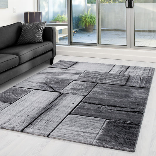 Parma Vloerkleed – Zwart Houtstructuur – Laagpolig & Modern Design