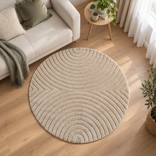 Art Vloerkleed Rond – Japandi – Boogpatroon – Modern & Laagpolig – Beige/Bruin