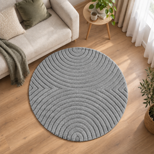 Art Vloerkleed Rond – Japandi – Boogpatroon – Modern & Laagpolig – Grijs