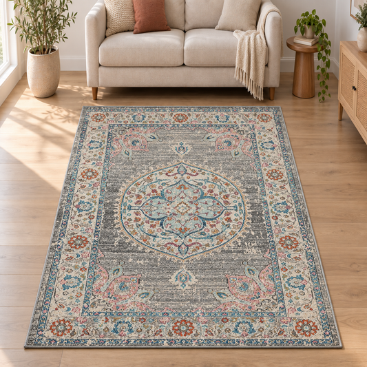 Salsa Vloerkleed – Grijs – Klassiek Medaillon Design – Laagpolig Vloerkleed