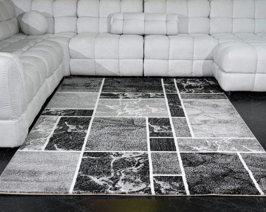 Blanca Vloerkleed – Laagpolig Vloerkleed Patchwork Look Blokken Marmer – Grijs