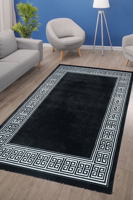 Blanca Vloerkleed – Laagpolig vloerkleed met Griekse rand – Zwart/Wit