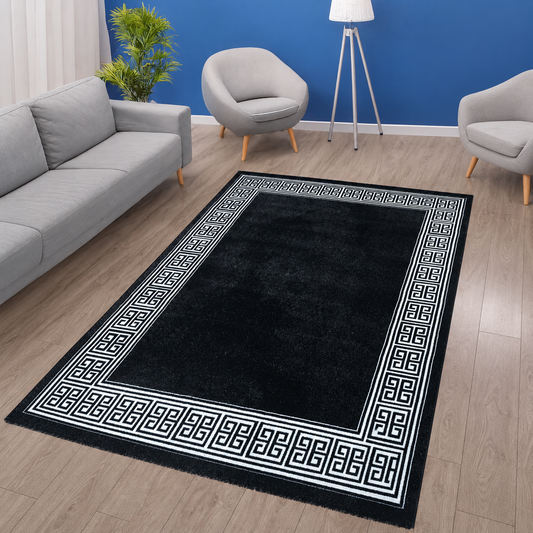 Blanca Vloerkleed – Laagpolig vloerkleed met Griekse rand – Zwart/Wit