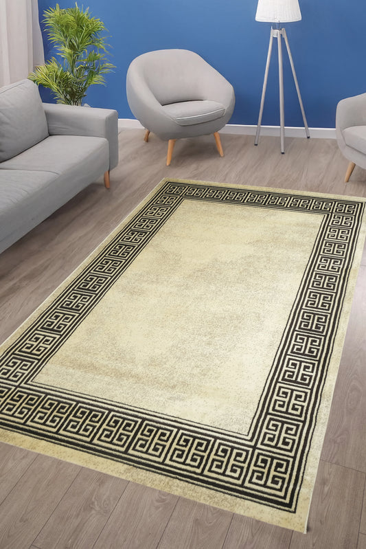 Blanca Vloerkleed – Laagpolig vloerkleed met Griekse rand – Beige/Bruin