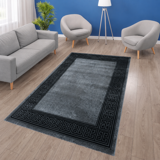 Blanca Vloerkleed – Laagpolig vloerkleed met Griekse rand – Grijs/Antraciet