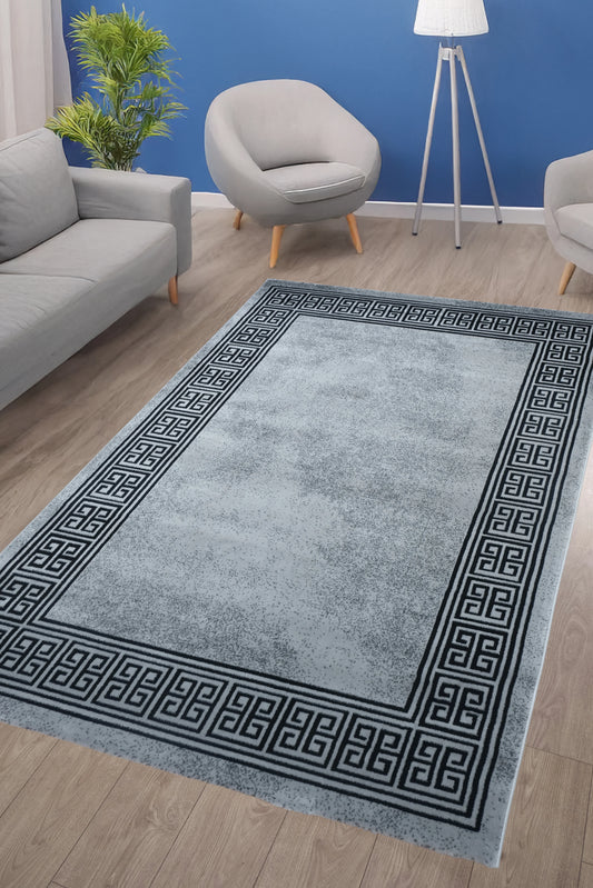 Blanca Vloerkleed – Laagpolig vloerkleed met Griekse rand – Grijs/Zwart
