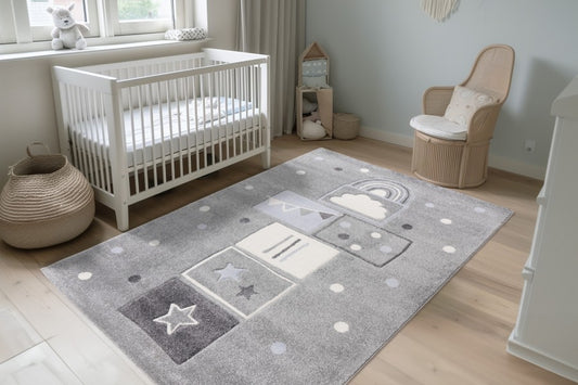 Happy Kinderkleed – Speelse Blokken – Zilver – Laagpolig & Pluisvrij