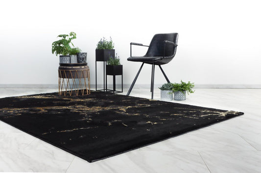 Marmaris Vloerkleed – Zwart/Goud – Marmerlook Design – Modern & Laagpolig