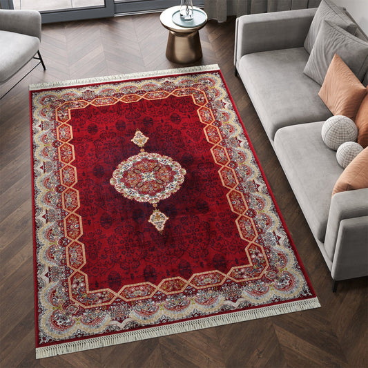 Tabriz Oosters Vloerkleed – Rood – Klassiek Vintage Met Kader – Laagpolig Tapijt