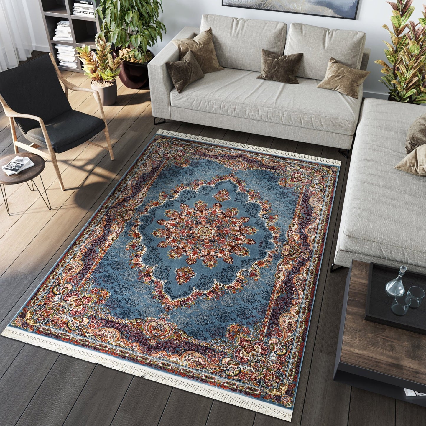 Tabriz Oosters Vloerkleed – Blauw – Klassiek Vintage Laagpolig Tapijt