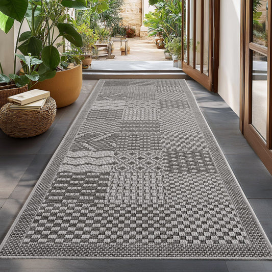 Ibiza – Geblokt Patchwork Donkergrijs – Binnen & Buiten Vloerkleed – Laagpolig