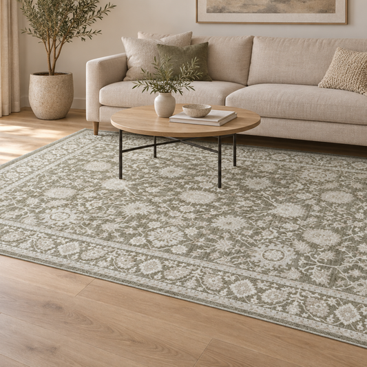 Flowline Vloerkleed – Groen – Klassiek Oosters Design – Laagpolig Vloerkleed