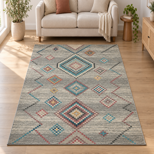 Salsa Vloerkleed – Crème/Grijs – Bohemian Ruit Design – Laagpolig Vloerkleed
