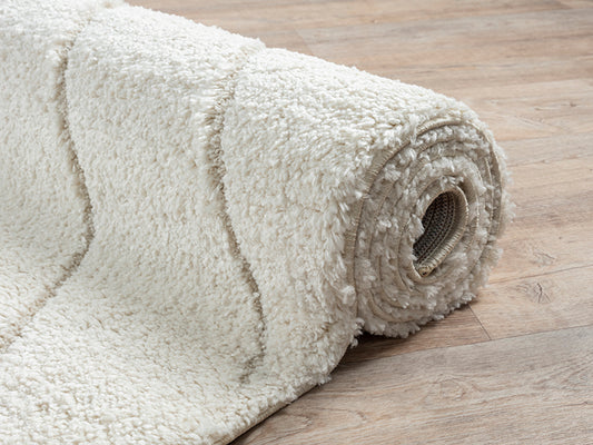 Ideal Shaggy Rond Vloerkleed – Cream – Geometrisch Reliëf Design – Hoogpolig Vloerkleed