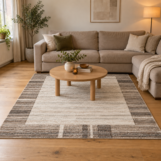 Trendy Carving – Silver beige kader structuur – Laagpolig vloerkleed