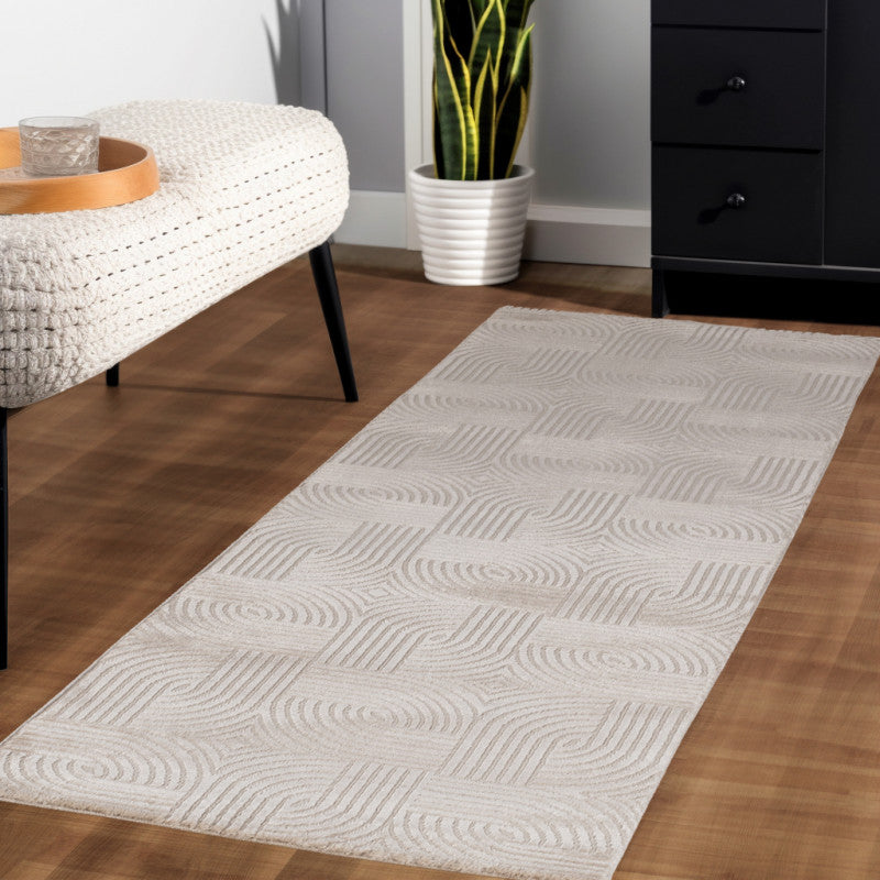 Sahara Vloerkleed – Beige – Rond Rastermotief – Laagpolig & Stijlvol