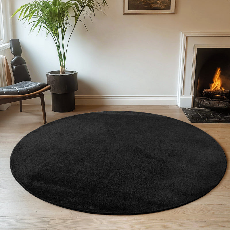 Joy Rond Vloerkleed – Zwart – Effen laagpolig vloerkleed – zacht en met glans