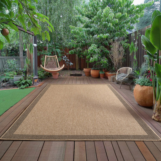 Timber – Kaderdesign Beige met Jute-Look – Binnen & Buiten Vloerkleed – Laagpolig
