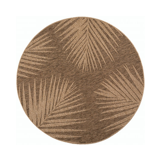 Timber – Bladmotief Rond Beige met Sisal-Look – Binnen & Buiten Vloerkleed – Laagpolig