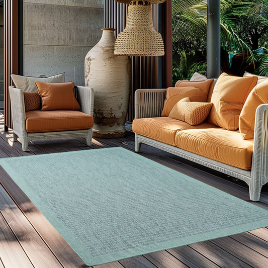 Giza Vloerkleed – Blauw met Kader – Laagpolig & Modern – Voor Binnen & Buiten