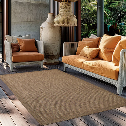 Giza Vloerkleed – Bruin met Kader – Laagpolig & Modern – Voor Binnen & Buiten