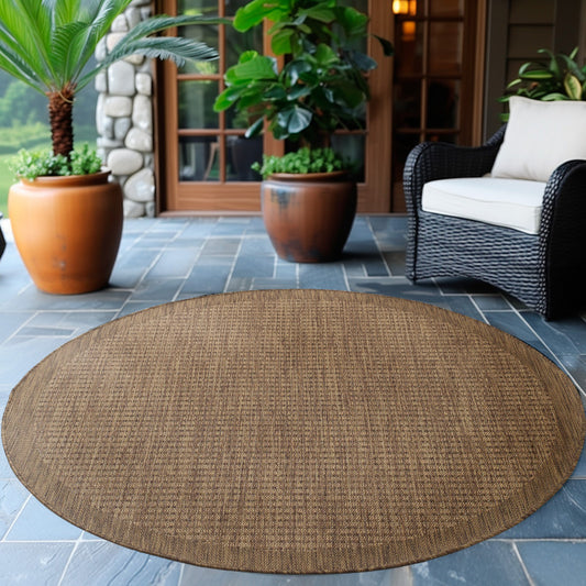 Giza Rond Vloerkleed – Bruin met Kader – Laagpolig & Modern – Voor Binnen & Buiten