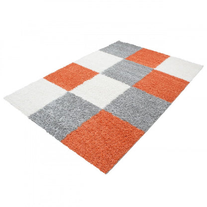 Mila Vloerkleed – Geblokt Terra/Oranje – Hoogpolig & Zacht