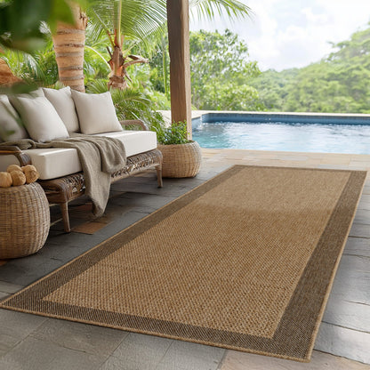 Timber – Kaderdesign Beige met Jute-Look – Binnen & Buiten Vloerkleed – Laagpolig
