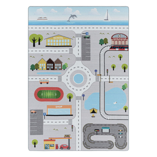 Play – Kindervloerkleed – Verkeer Grijs – Laagpolig – Anti-Allergisch & Anti-Slip