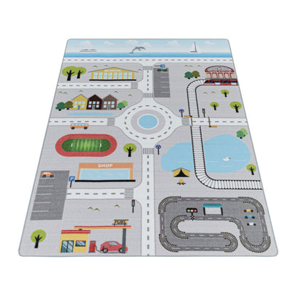 Play – Kindervloerkleed – Verkeer Grijs – Laagpolig – Anti-Allergisch & Anti-Slip