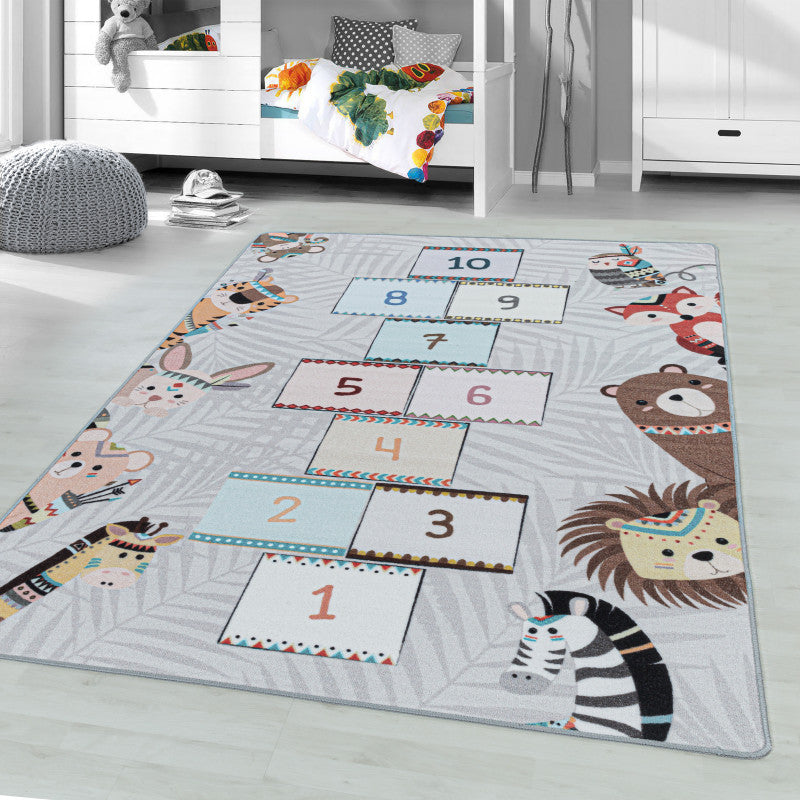 Play – Kindervloerkleed – Hinkelen Dieren – Laagpolig – Anti-Allergisch & Anti-Slip