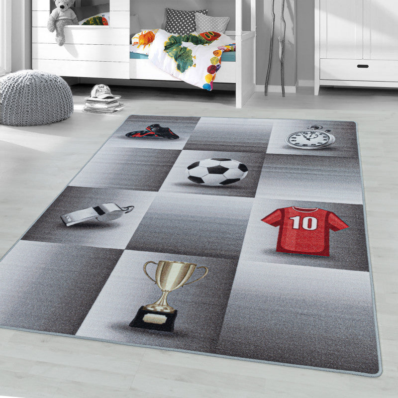 Play – Kindervloerkleed – Voetbal Grijs – Laagpolig – Anti-Allergisch & Anti-Slip