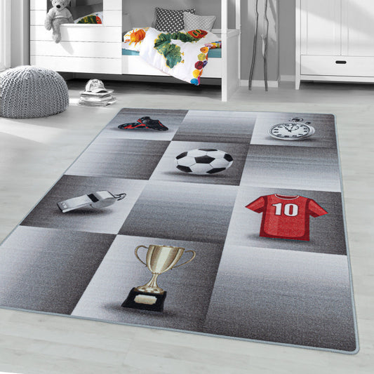 Play – Kindervloerkleed – Voetbal Grijs – Laagpolig – Anti-Allergisch & Anti-Slip