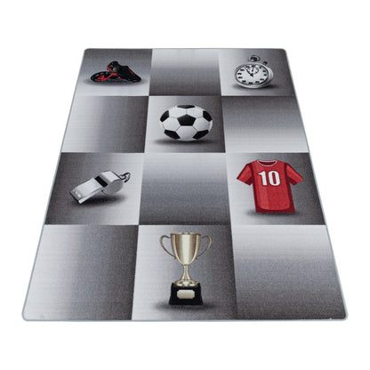 Play – Kindervloerkleed – Voetbal Grijs – Laagpolig – Anti-Allergisch & Anti-Slip