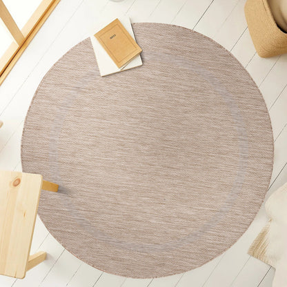 Relax Rond Vloerkleed – Beige – Laagpolig Kaderdesign – Voor Binnen & Buiten
