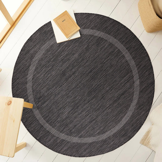 Relax Rond Vloerkleed – Zwart – Laagpolig Kaderdesign – Voor Binnen & Buiten