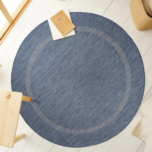 Relax Rond Vloerkleed – Blauw – Laagpolig Kaderdesign – Voor Binnen & Buiten