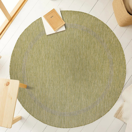 Relax Rond Vloerkleed – Groen – Laagpolig Kaderdesign – Voor Binnen & Buiten
