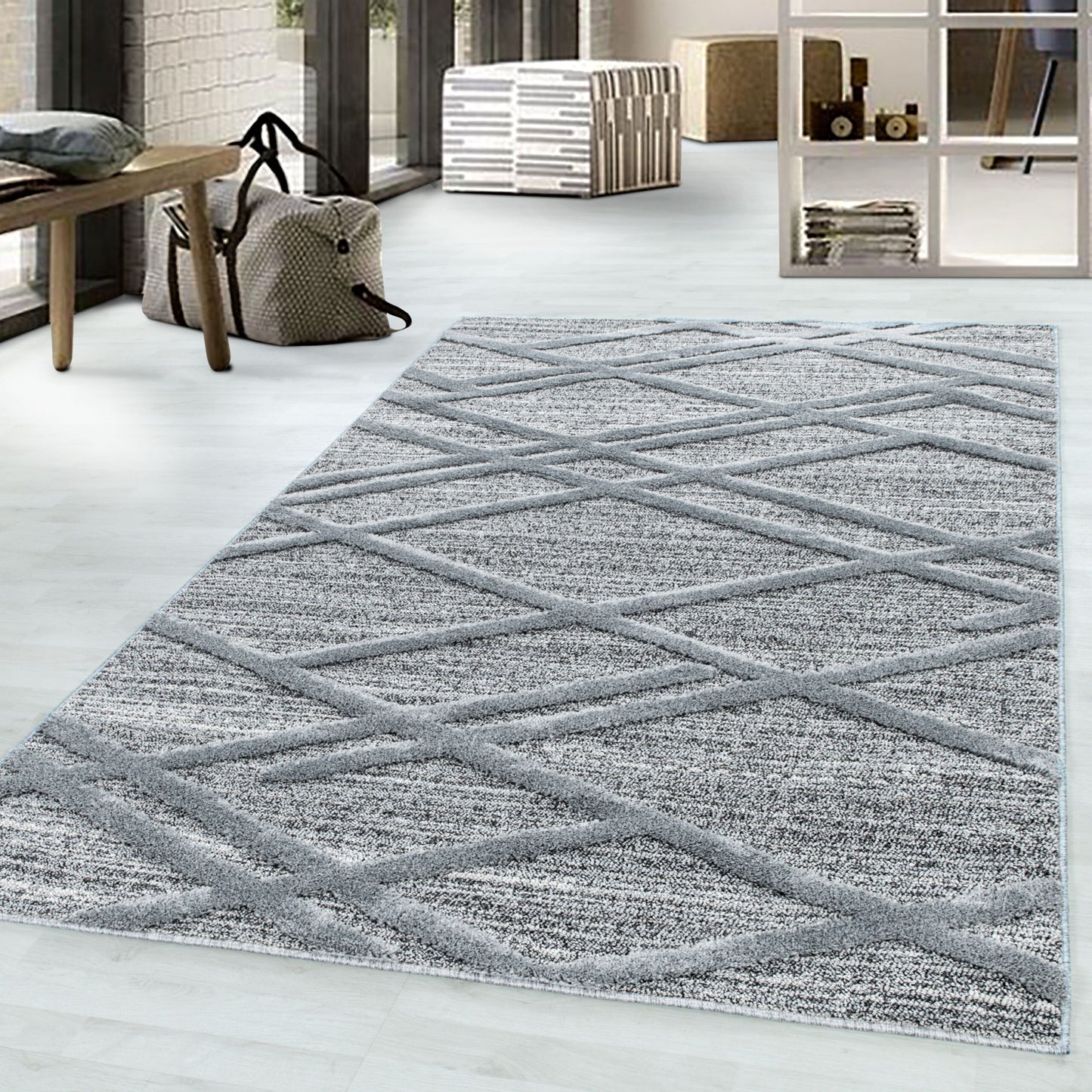 Pisa Vloerkleed – Grijs – Geruite Diamantstructuur – Laagpolig & Modern