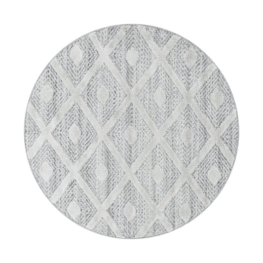 Pisa Rond Vloerkleed – Grijs – Tribal Ruitpatroon – Laagpolig & Modern