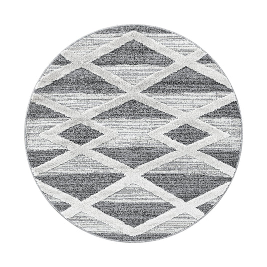 Pisa Rond Vloerkleed – Grijs – Grote Diamanten – Laagpolig & Modern