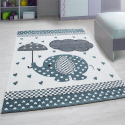 Kids Vloerkleed – Kindervloerkleed – Olifant in de Regen Blauw – Anti-Allergisch