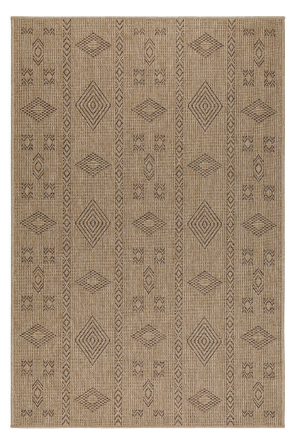 Vloerkleed Dhaka – Beige/Zwart – Laagpolig met Levendig Design – Voor Binnen en Buiten